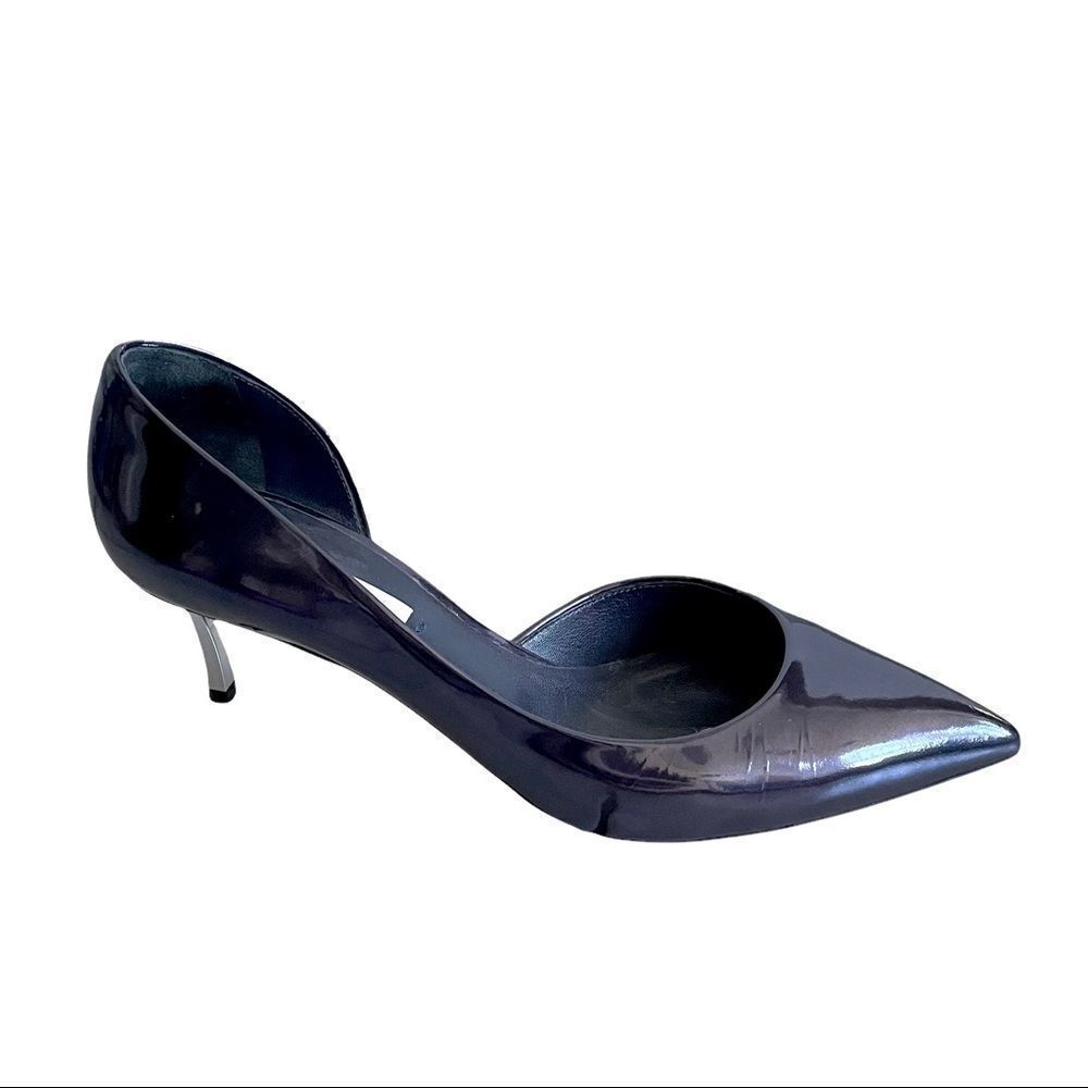 CASADEI Italy Pointy Toe D’Orsay Purple Patent Leather Pumps Silver Heels 8.5